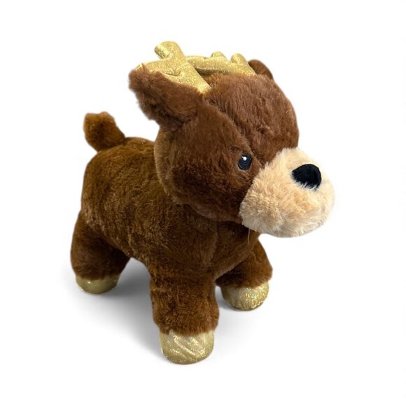 Plush Reindeer Stuffed Animal Toy 11" x 12" With Golden Antlers & Hooves - Picture 1 of 6